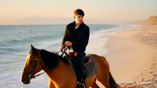 Man and Horse: A Serene Ride on the Beach at Sunset – AI Generated Video | Hailuo AI