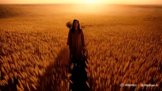 Figure in Golden Wheat Field at Sunset – AI Generated Video | Hailuo AI