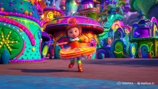 Anime Character's Colorful Dance in a Whimsical Cityscape – AI Generated Video | Hailuo AI