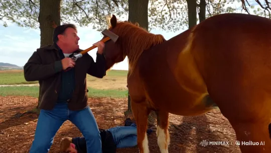 Man Fights Wild Horse with Gun and Hammer, Son Hides – AI Generated Video | Hailuo AI