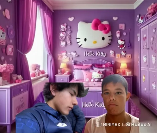 Gay Couple's Passionate Kiss in Hello Kitty Bedroom – AI Generated Video | Hailuo AI