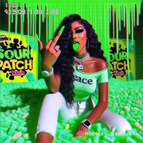 Stylish Woman in Vibrant Live2D Scene with Sour Patch Kids – AI Generated Video | Hailuo AI