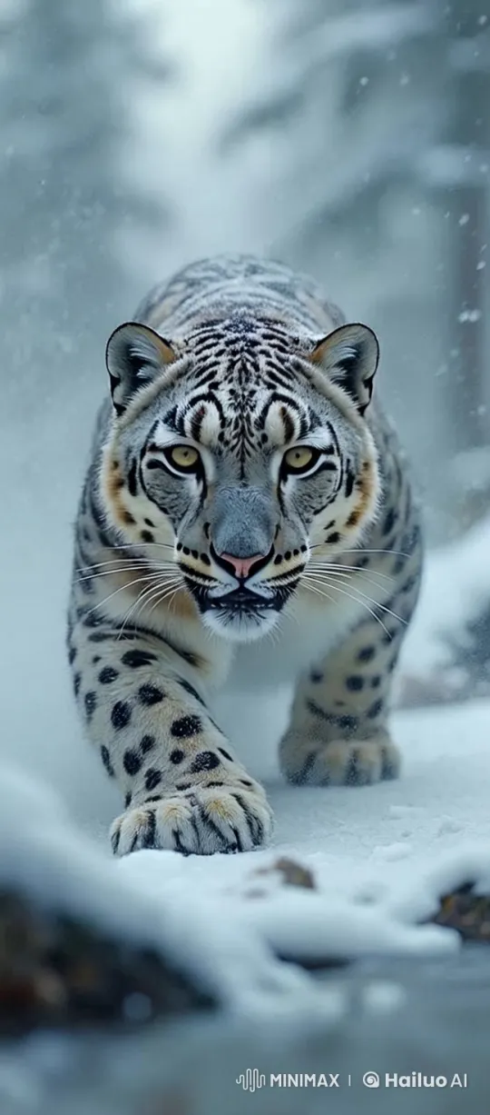 Snow Leopard Strides Through Winter Wonderland – AI Generated Video | Hailuo AI