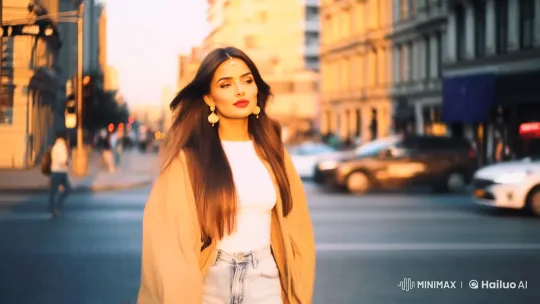 Stylish Young Woman Strides Through Vibrant Cityscape – AI Generated Video | Hailuo AI