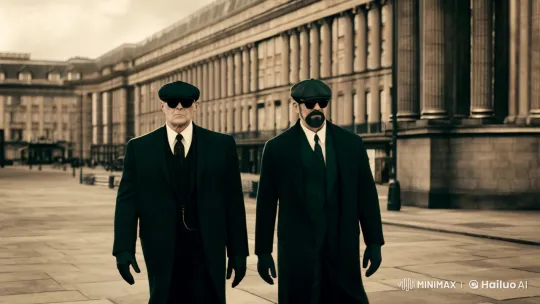 Majestic Men in Dark Suits Stride with Authority – AI Generated Video | Hailuo AI