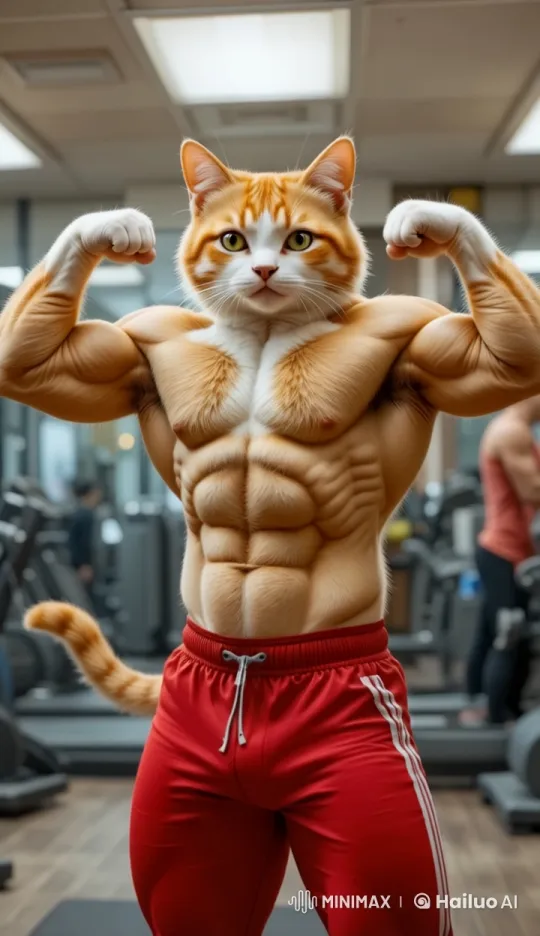 Muscular Cat Showcases Strength in Animated Gym Scene – AI Generated Video | Hailuo AI