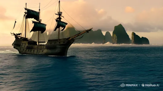 Pirate Ship's Menacing Journey at Golden Hour – AI Generated Video | Hailuo AI