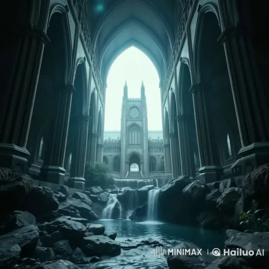 Gothic Cathedral: Tranquil Waterfalls and Majestic Architecture – AI Generated Video | Hailuo AI
