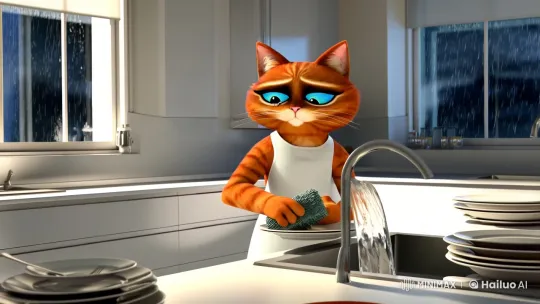 Anthropomorphic Cat Sobs While Washing Dishes – AI Generated Video | Hailuo AI