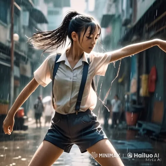 Martial Arts Performance by Young Girl in Rainy Alley – AI Generated Video | Hailuo AI
