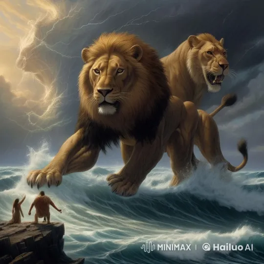 Majestic Lions Rise from Stormy Waves in Live2D Animation – AI Generated Video | Hailuo AI