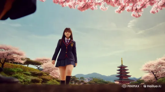Japanese Landscape with Giant Schoolgirl Protagonist – AI Generated Video | Hailuo AI
