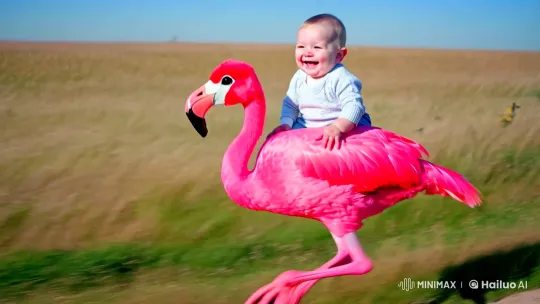 Joyful Baby Rides Vibrant Flamingo in Dreamy Landscape – AI Generated Video | Hailuo AI