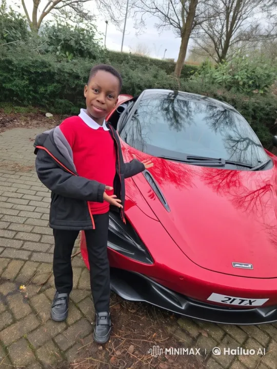 Boy in Red Sweater Poses with McLaren Car – AI Generated Video | Hailuo AI
