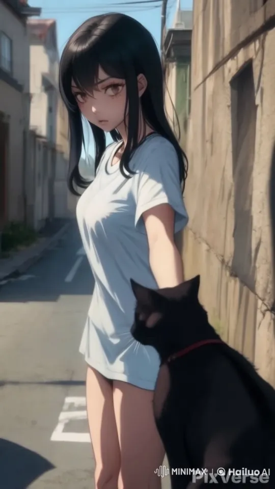 Girl Pets Cat in Sunlit Alley, Walks Away – AI Generated Video | Hailuo AI
