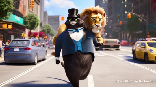 Dapper Cat Carries Lion Through Bustling City – AI Generated Video | Hailuo AI