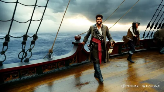 Pirate Captain Strides Through Tempest on Stormy Ship Deck – AI Generated Video | Hailuo AI