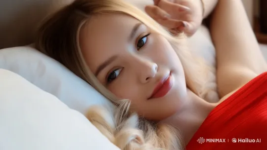 Serene Young Woman in Red Dress on Bed – AI Generated Video | Hailuo AI