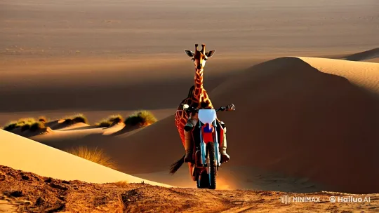 Giraffe on Dirt Bike in Desert Landscape – AI Generated Video | Hailuo AI