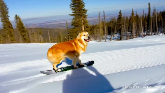 Dog Surfs on Snowboard in Winter Wonderland – AI Generated Video | Hailuo AI
