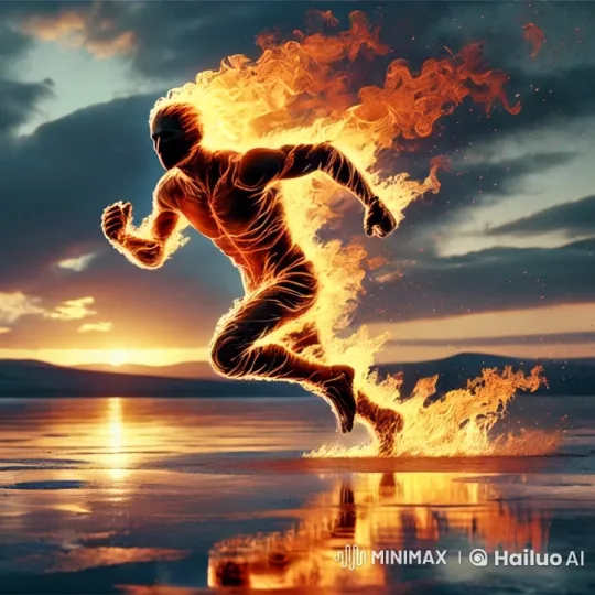 Flaming Figure Sprints Across Evening Lake – AI Generated Video | Hailuo AI