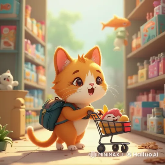 Cute Cat Joyfully Shops for Chicken in Animated Grocery Store – AI Generated Video | Hailuo AI