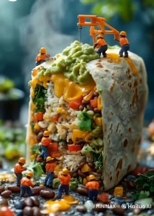 Miniature Construction on a Giant Burrito in Live2D – AI Generated Video | Hailuo AI