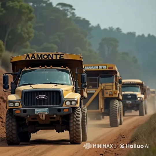 Convoys Travel to Mining Site Amid Dust and Trees – AI Generated Video | Hailuo AI