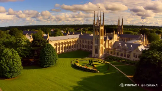 Grand School Campus Showcased in Aerial Panorama – AI Generated Video | Hailuo AI
