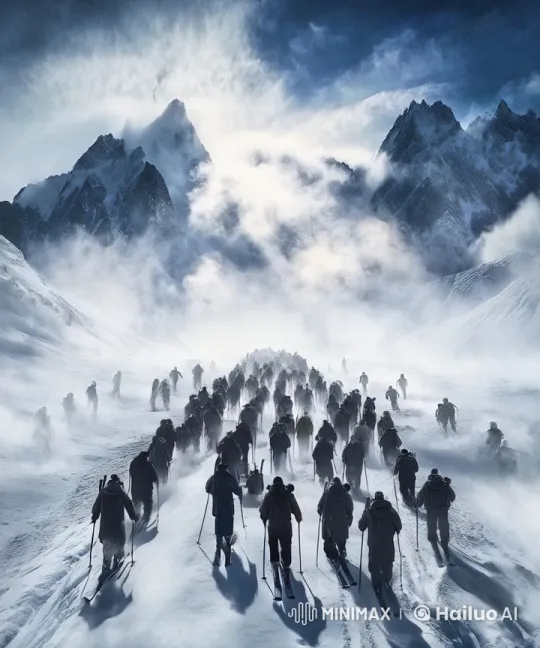 Skiers Escape Amidst Mountain Peaks with Overhead Planes – AI Generated Video | Hailuo AI