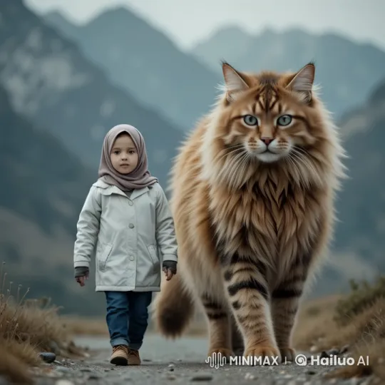 Child and Giant Maine Coon Walk Serenely Through Misty Mountains – AI Generated Video | Hailuo AI