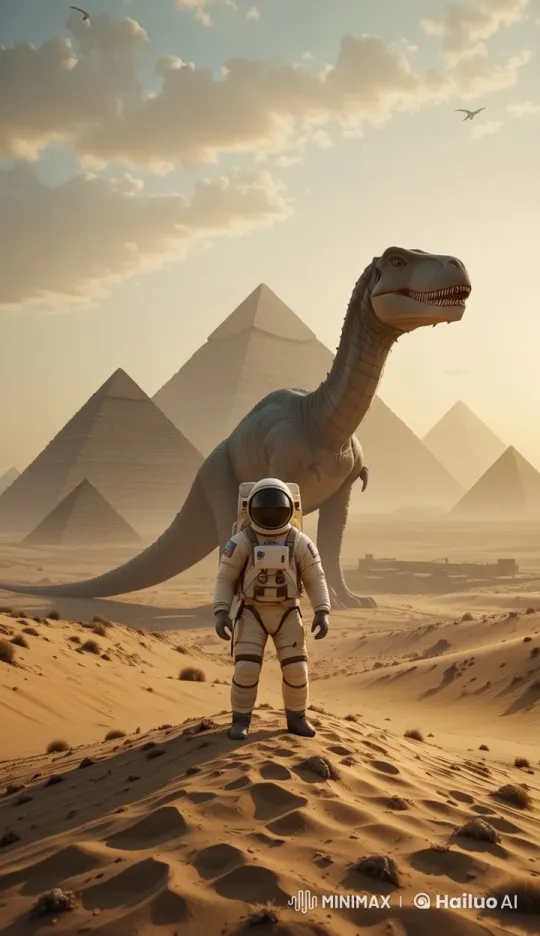 Astronaut Walks with Dinosaur in Surreal Desert Scene – AI Generated Video | Hailuo AI