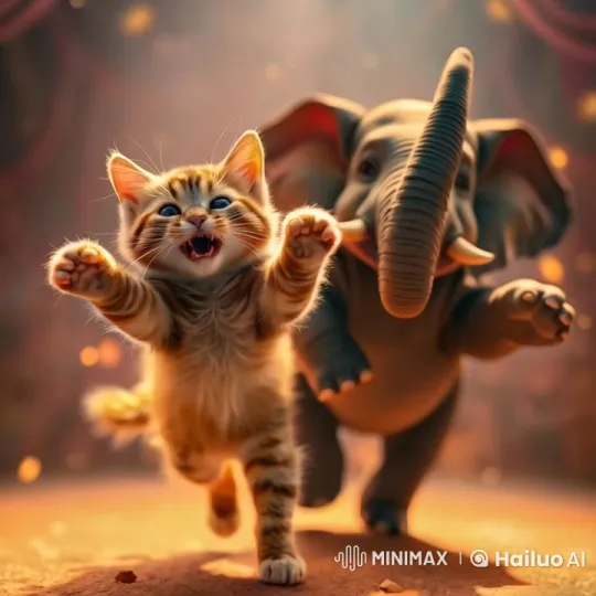 Cat and Elephant Joyfully Run Together in Circus – AI Generated Video | Hailuo AI
