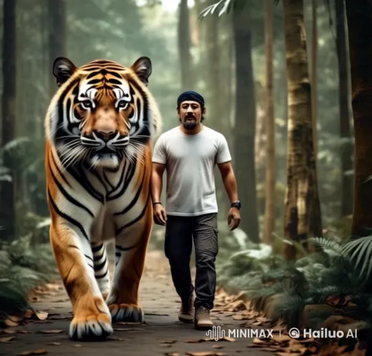 Man and Lifelike Tiger Walk in Harmony Through Animated Forest – AI Generated Video | Hailuo AI