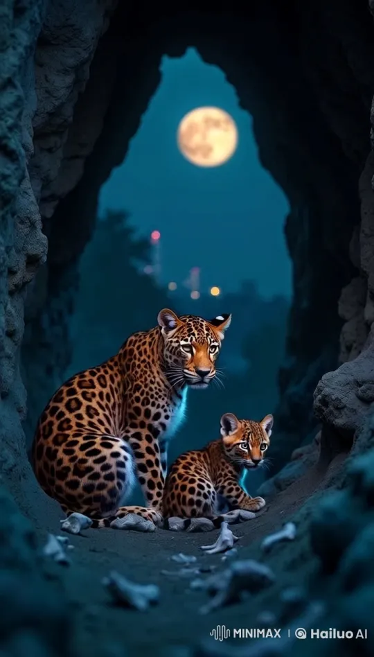 Javan Leopard Mother and Cubs in Nightly Solitude – AI Generated Video | Hailuo AI