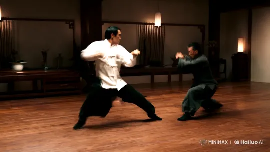 Aesthetic Kung Fu Fight in a Dimly Lit Dojo – AI Generated Video | Hailuo AI