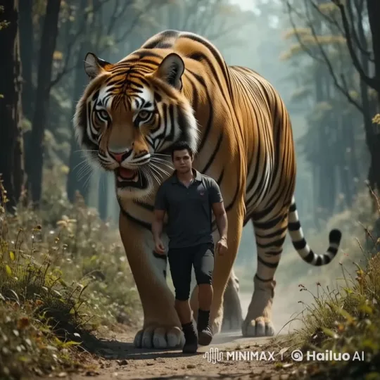 Human and Majestic Tiger Walk Peacefully in Animated Forest – AI Generated Video | Hailuo AI