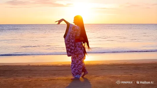 Japanese Girl Dancing Gracefully on a Sunset Beach – AI Generated Video | Hailuo AI