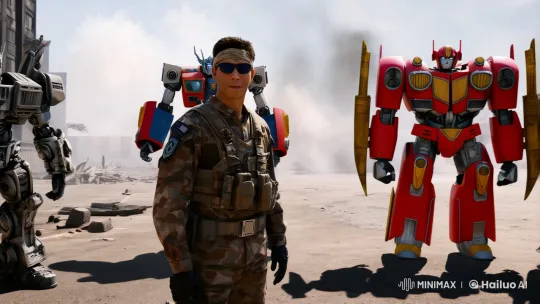 Military Man Partners with Autobots in Urban Battlefield – AI Generated Video | Hailuo AI
