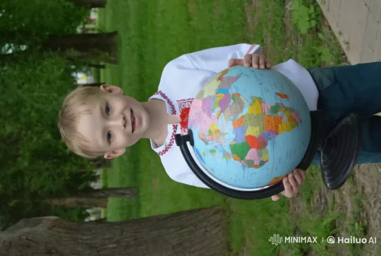 Child Explores Globe in Peaceful Park Setting – AI Generated Video | Hailuo AI