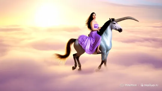 Enchanted Journey: Woman and Unicorn in Celestial Dreamscape – AI Generated Video | Hailuo AI