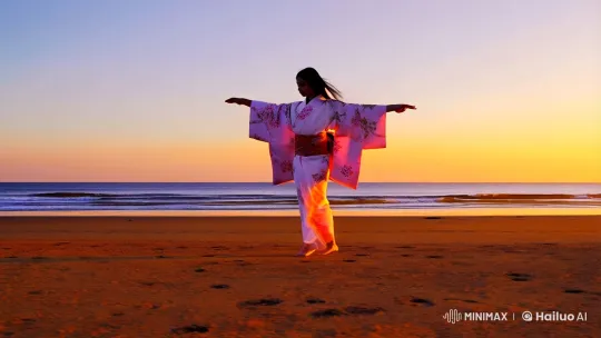 Japanese Girl Dancing Gracefully on Beach at Sunset – AI Generated Video | Hailuo AI