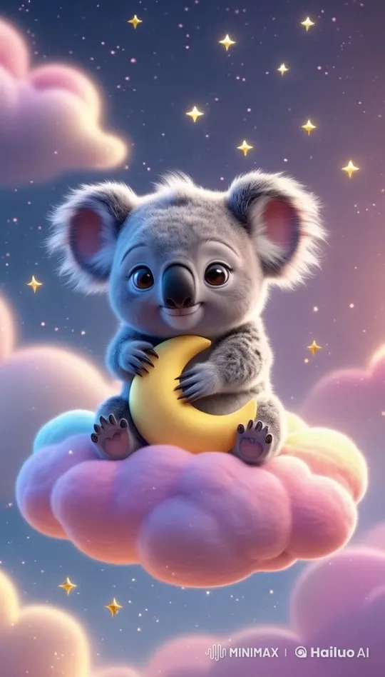 Adorable Baby Koala Sleeps on a Cloud with Moon Pillow – AI Generated Video | Hailuo AI