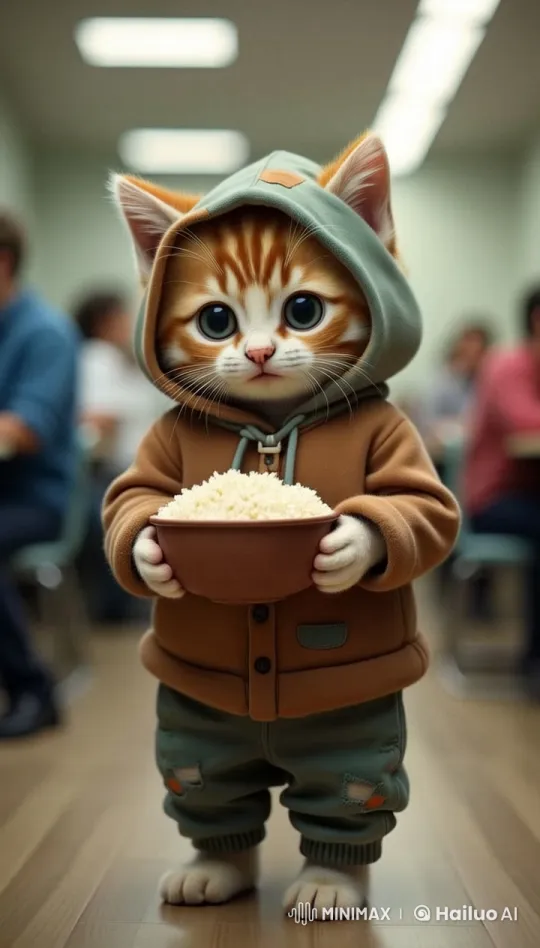 Adorable Character Balances Rice Bowl in Bustling Room – AI Generated Video | Hailuo AI
