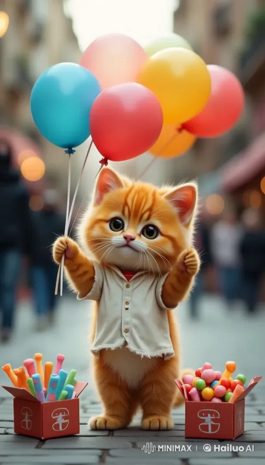 Fluffy Kitten Stands with Balloons on Festive Street – AI Generated Video | Hailuo AI