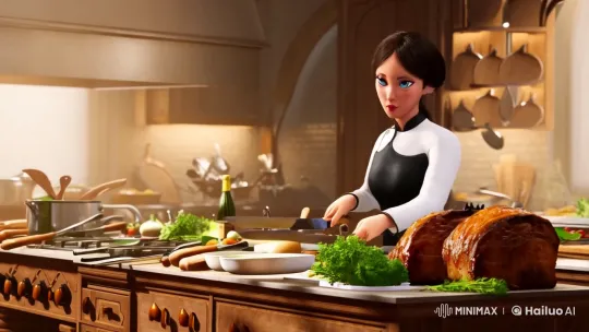 Artful Culinary Craft: KCat Preps Roast in Aesthetic Kitchen – AI Generated Video | Hailuo AI