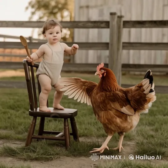 Baby and Hen's Charming Play in Rustic Farm Setting – AI Generated Video | Hailuo AI