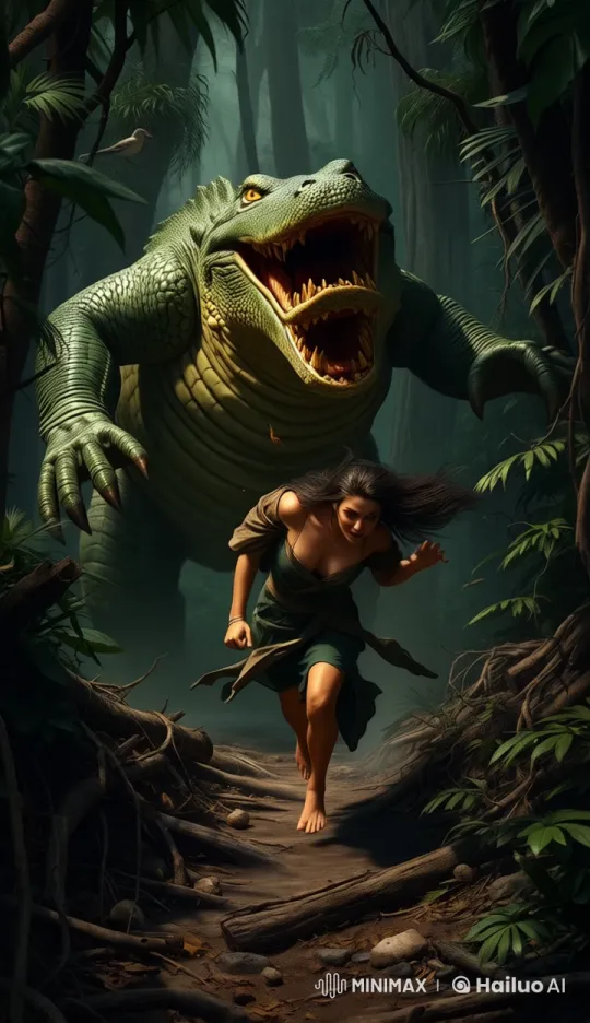 Jungle Chase: Woman Fleeing Crocodile Shapeshifter – AI Generated Video | Hailuo AI