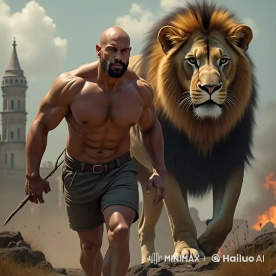 Muscular Man and Lion Advance on Rugged Terrain – AI Generated Video | Hailuo AI