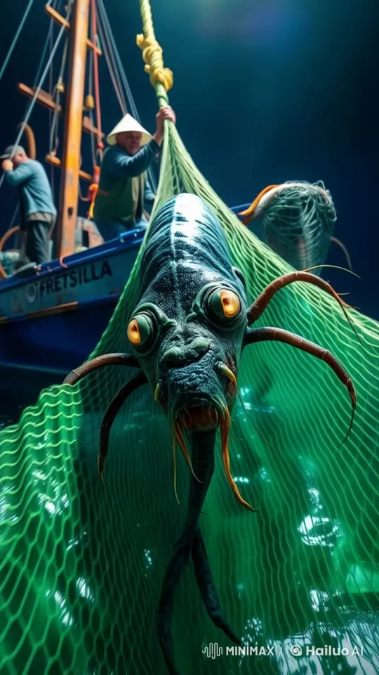 Fishermen Battle Monstrous Creature on Fretsilla at Night – AI Generated Video | Hailuo AI